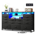 Black TV Stand with LED Lights & Charging Station, 15 Fabric Drawers V17064