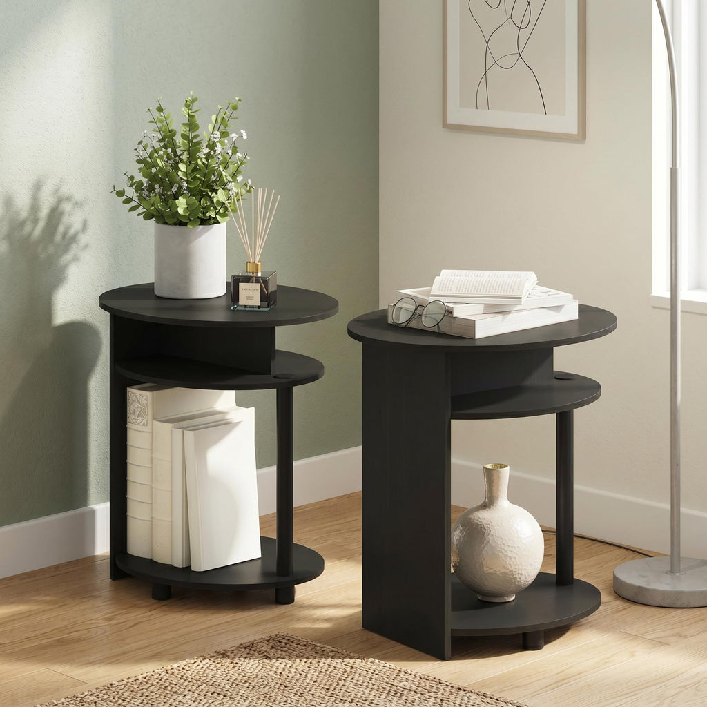 Set of 2 Round End Table with Oval Tabletop and Open Shelf, Walnut J5347