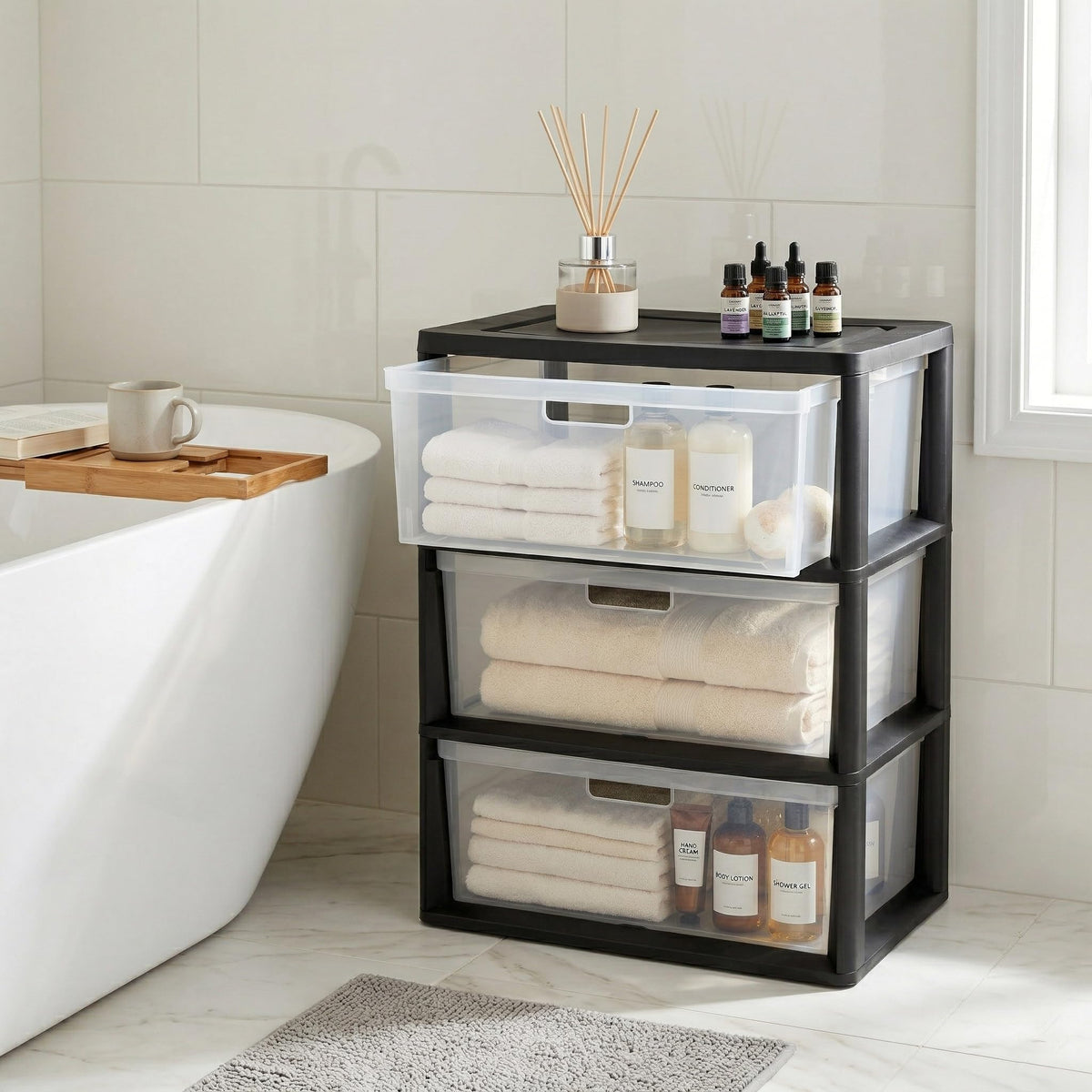 Black 3 Drawer Storage Organizer Tower with Clear Plastic Bins S978