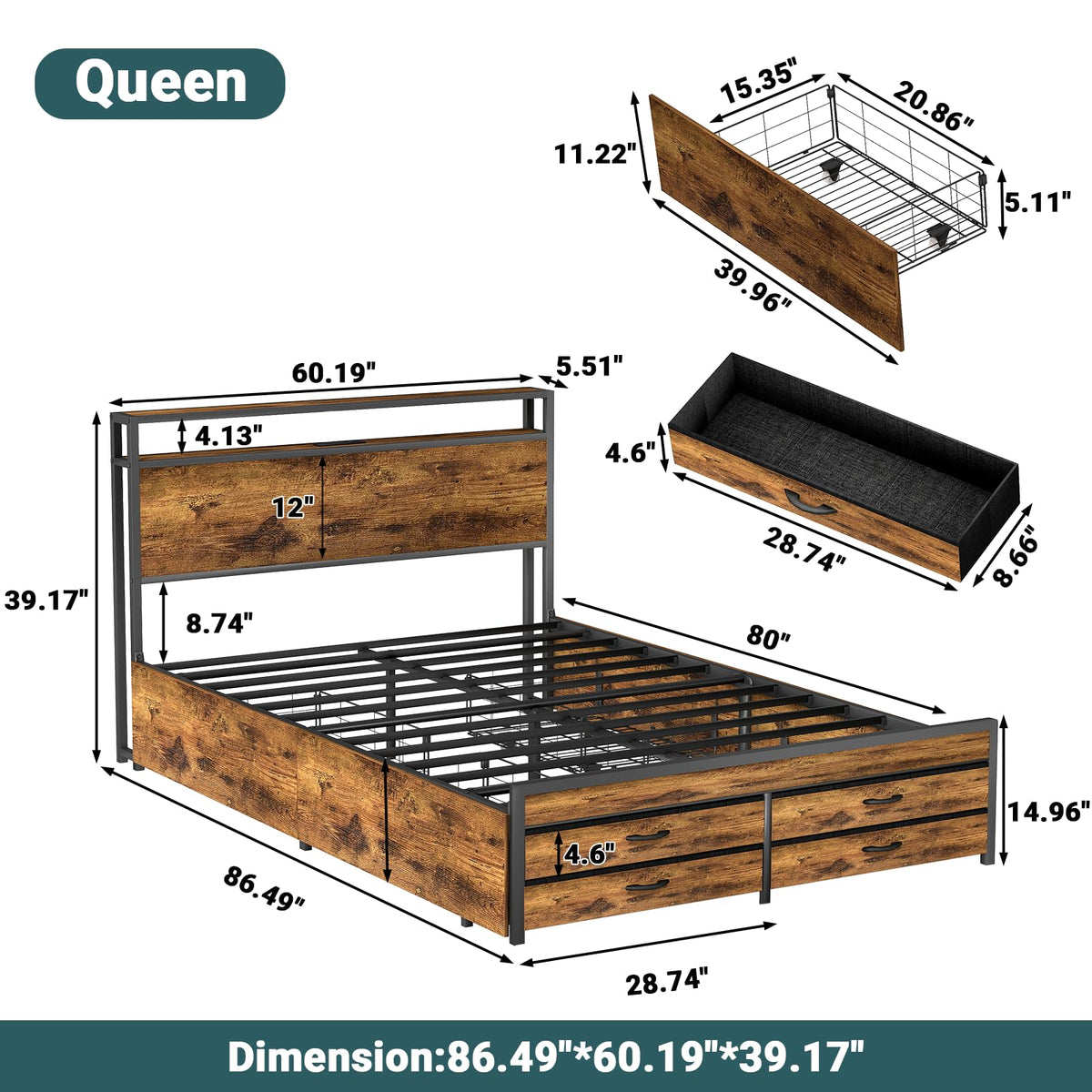 Queen Bed Frame with 8 Storage Drawers D2965