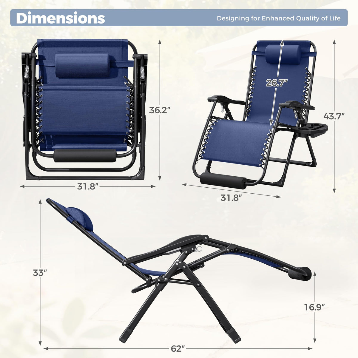 Oversized Blue Zero Gravity Chair with Cushion and Cup Holder T8931
