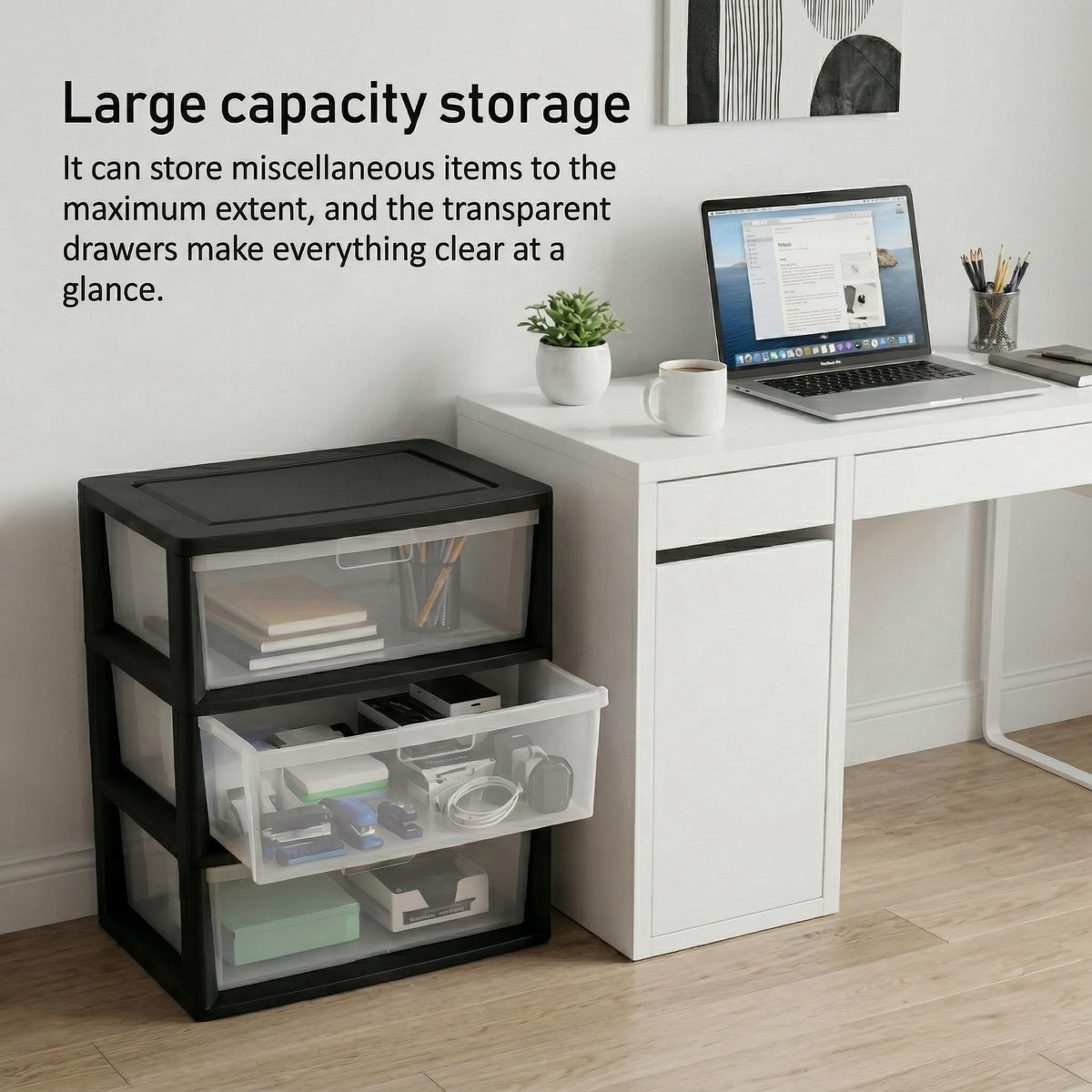 Black 3 Drawer Storage Organizer Tower with Clear Plastic Bins S978