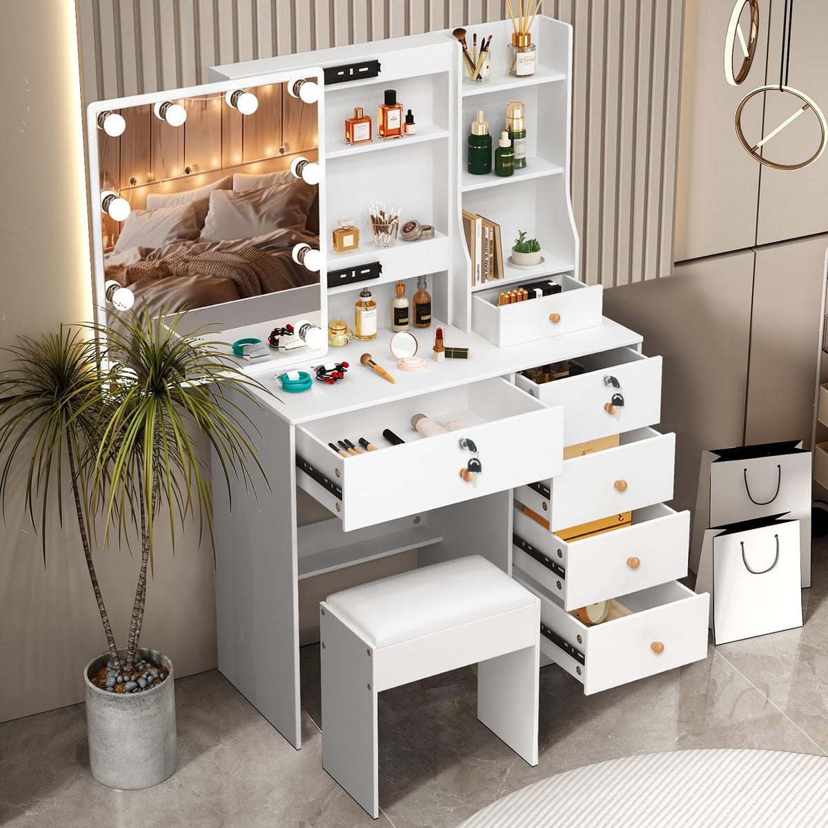 White Vanity Mirror with Lights Desk and Chair 5 Drawers Makeup Table O161108