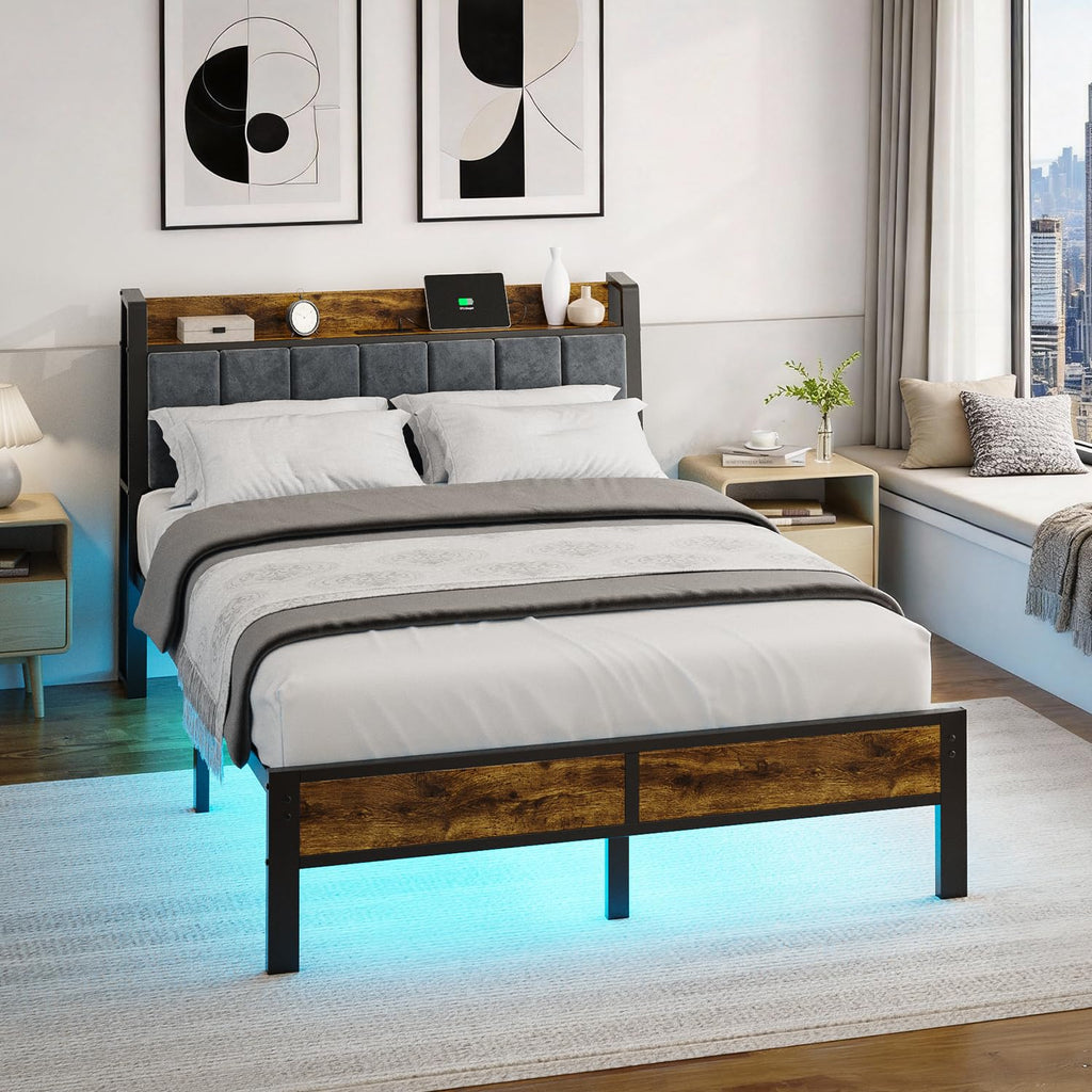 Full Size Bed Frame with LED Light and Charging Station V620