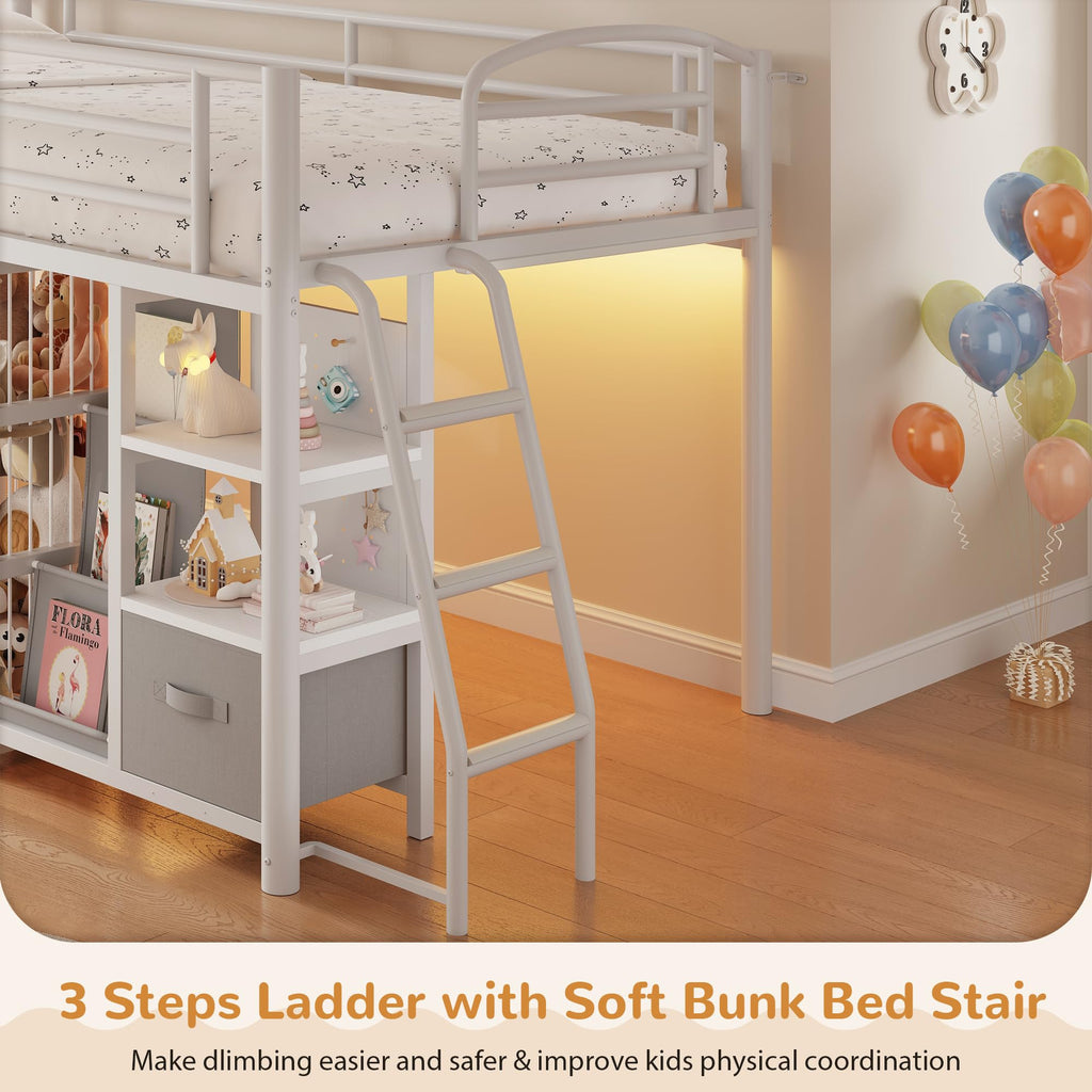 Twin Low Loft Bed with Storage Drawers and LED Lights S625