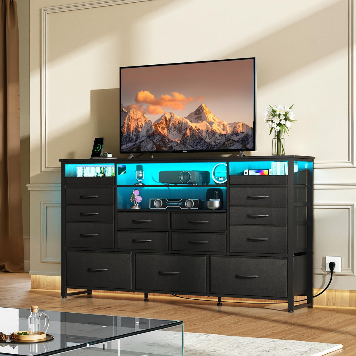 Black TV Stand with LED Lights & Charging Station, 15 Fabric Drawers V17064