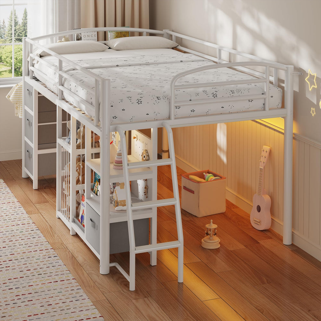 Twin Low Loft Bed with Storage Drawers and LED Lights S625