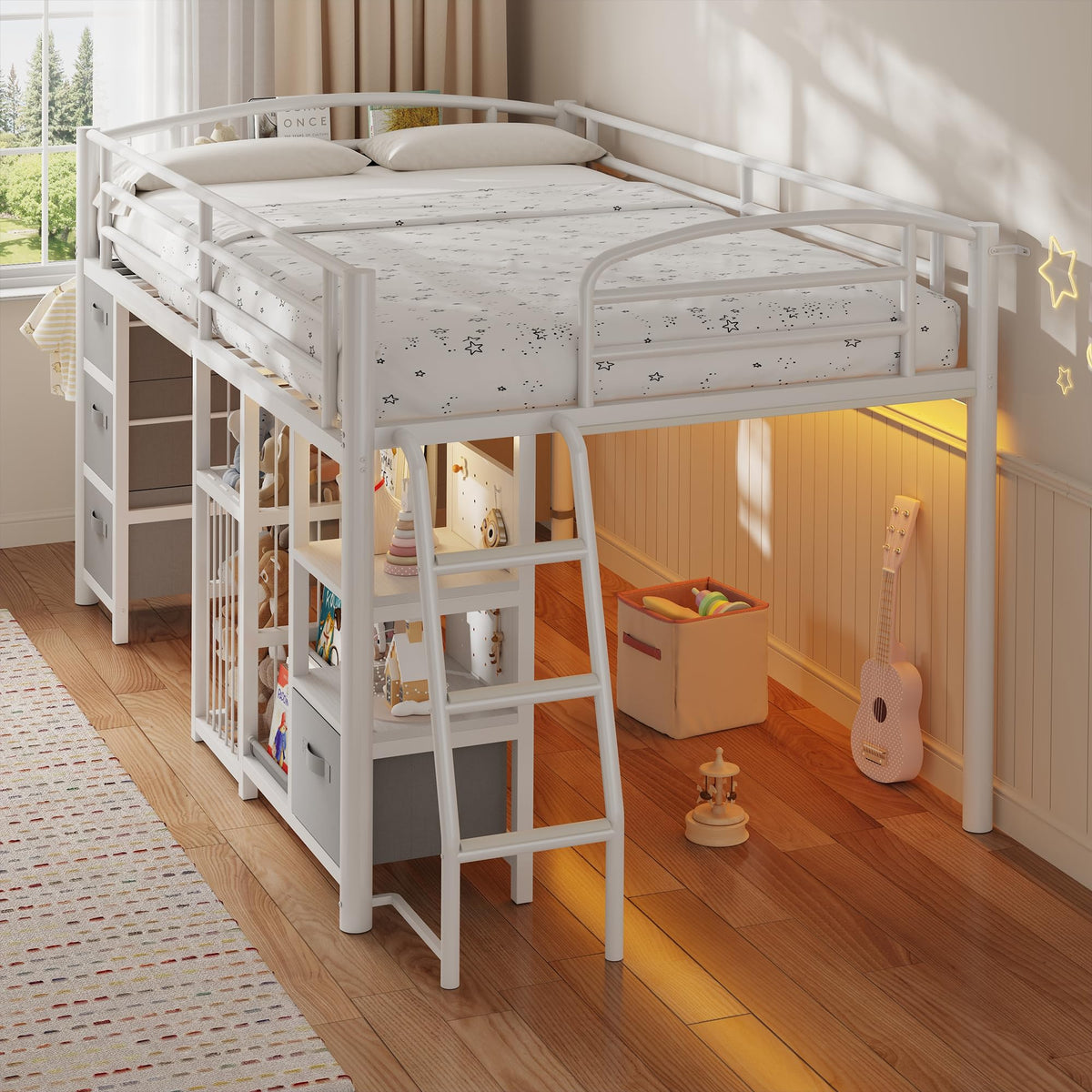 Twin Low Loft Bed with Storage Drawers and LED Lights S625