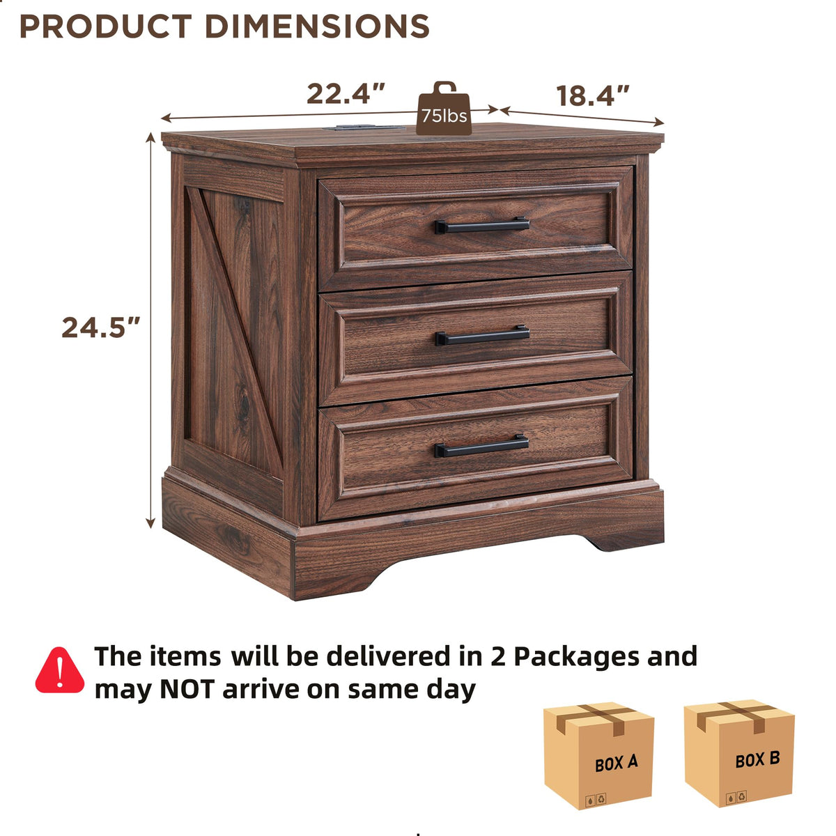 22" Brown Nightstands Set of 2 with 3 Drawers Q1577