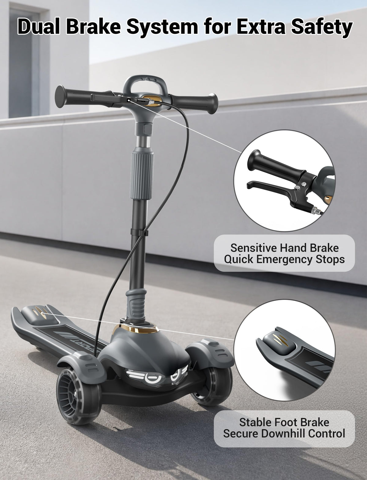 Kids Scooter with Dual Brakes, Music, Lights, Adjustable and Folding P305