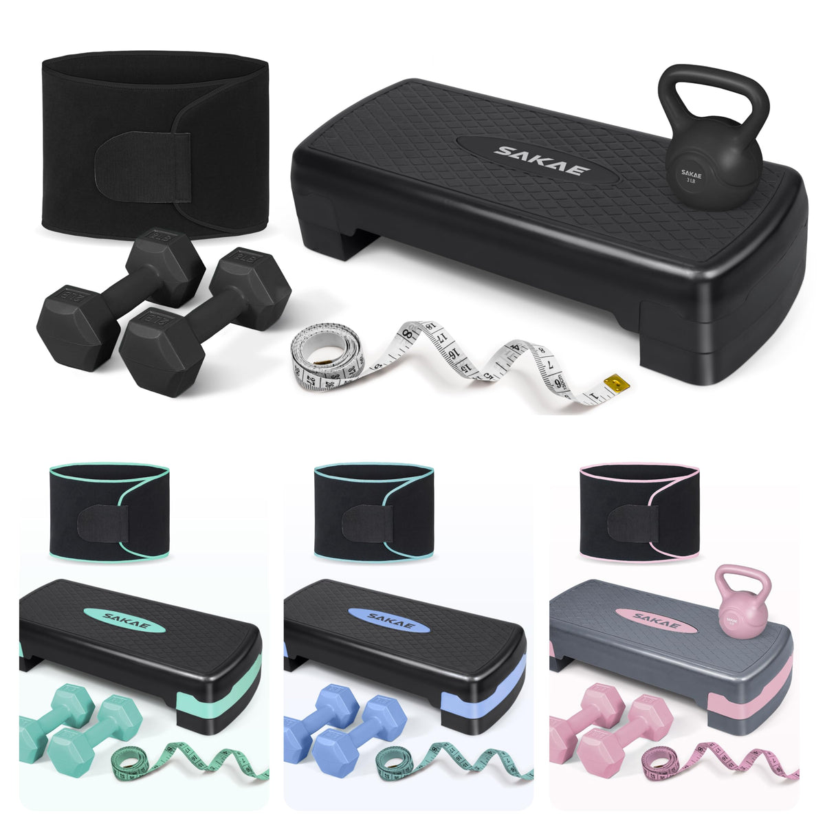 Adjustable Aerobic Stepper Kit with Dumbbells & Kettlebell & Weightlifting Belt & Measuring Tape S737