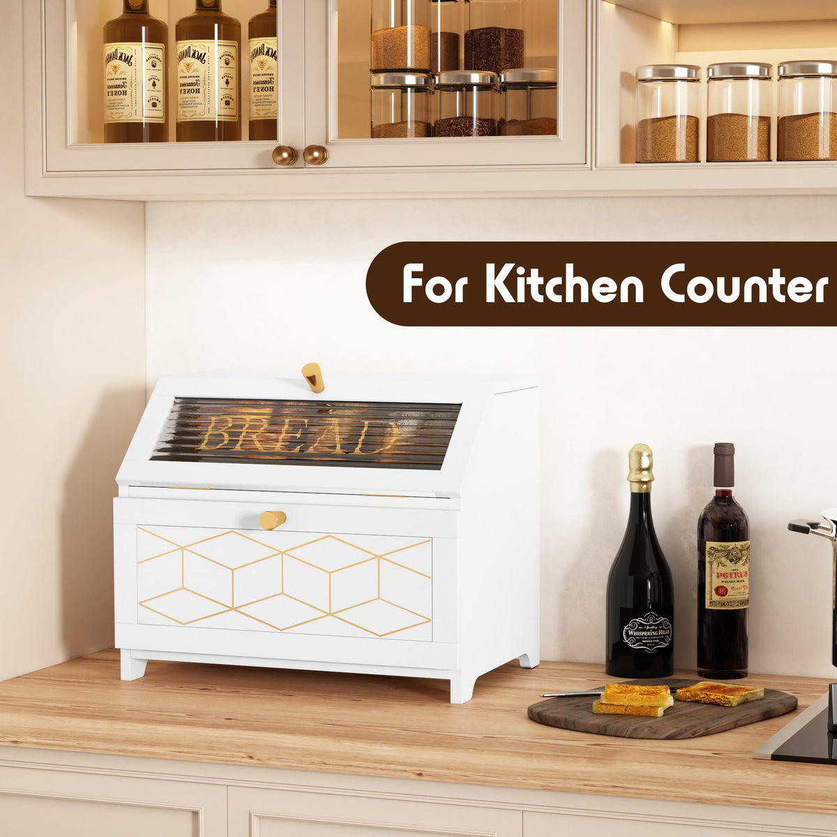 Double Layer Wooden Bread Box with Golden Trim V1353