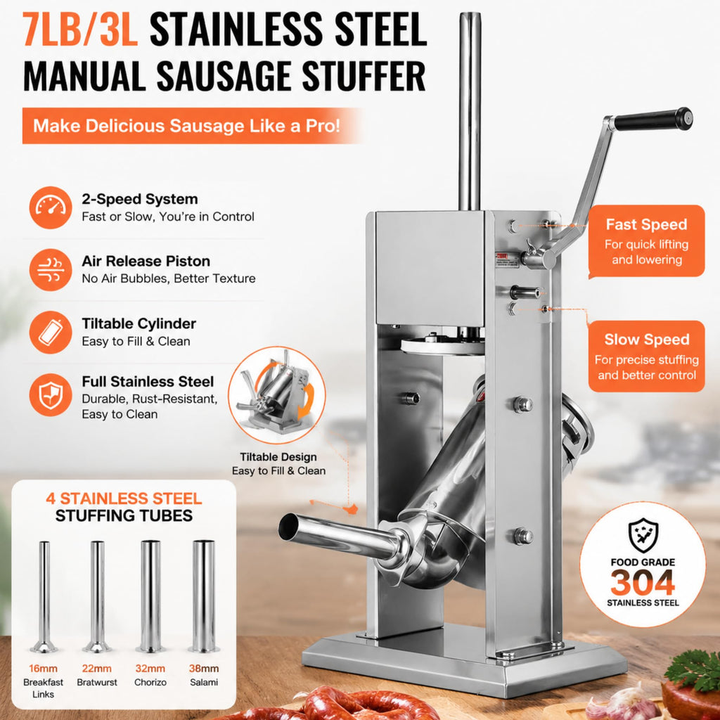3L Stainless Steel Manual Sausage Stuffer with 4 Tubes P2343