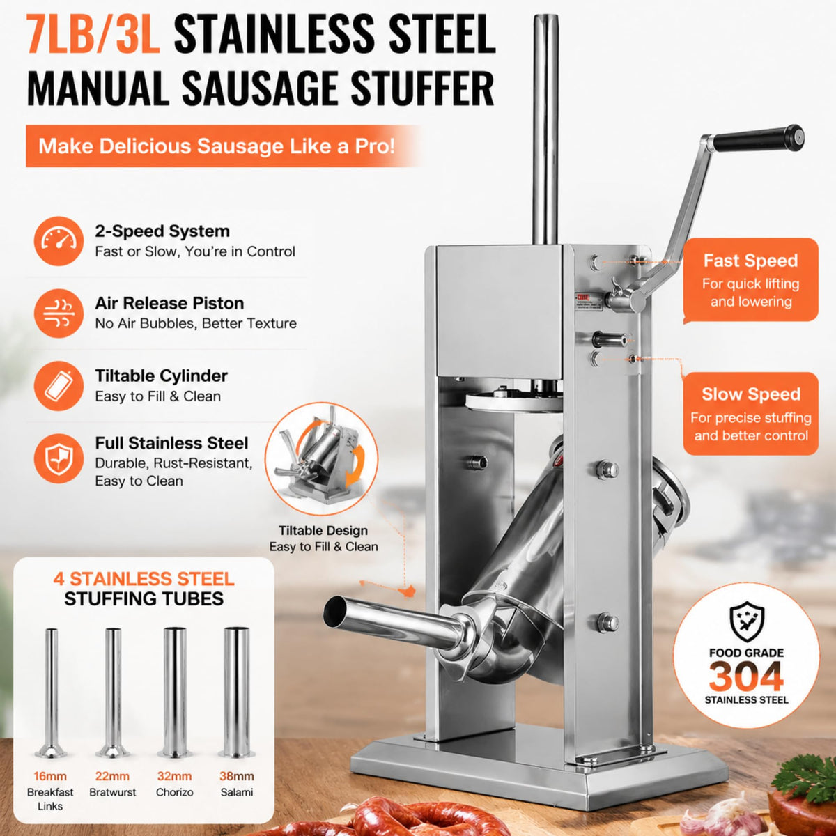 3L Stainless Steel Manual Sausage Stuffer with 4 Tubes P2343