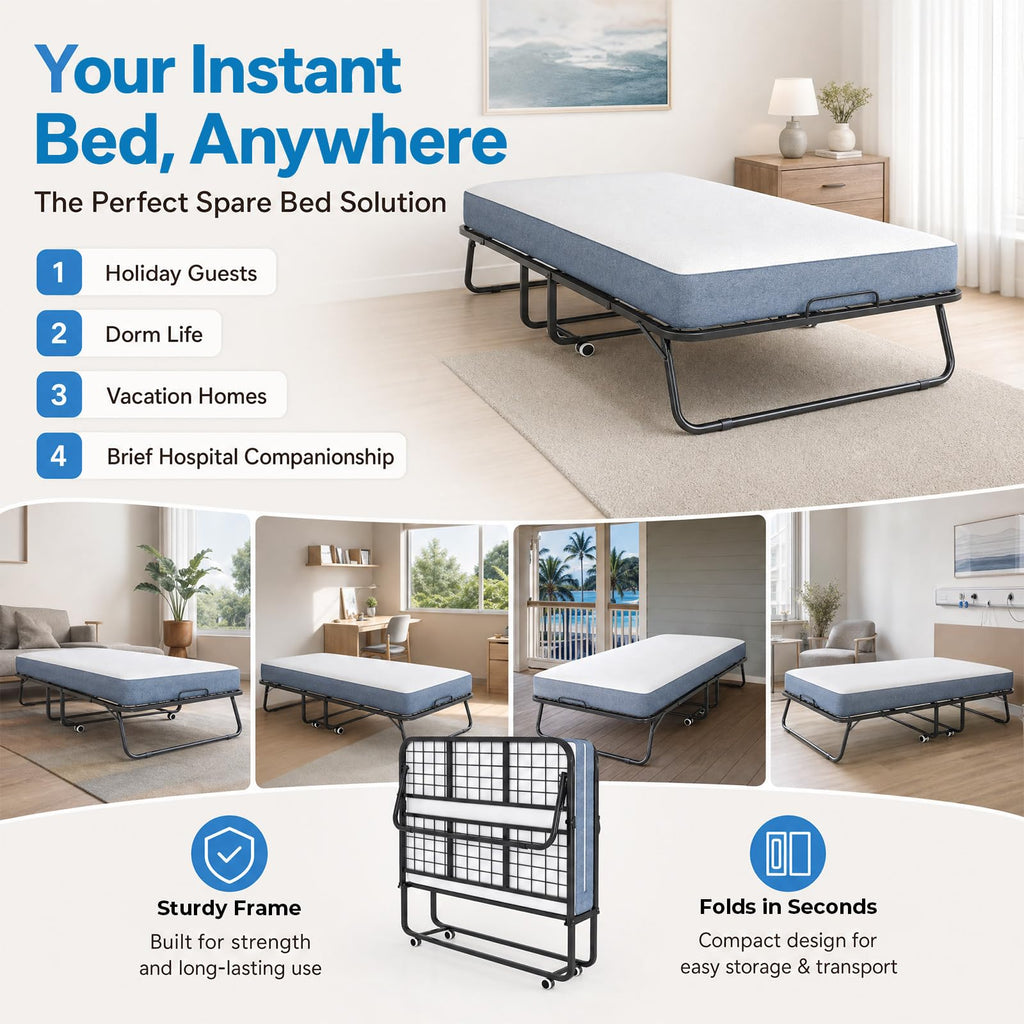 Folding Bed with 5" Foam Mattress Queen Size Metal Frame Z245619