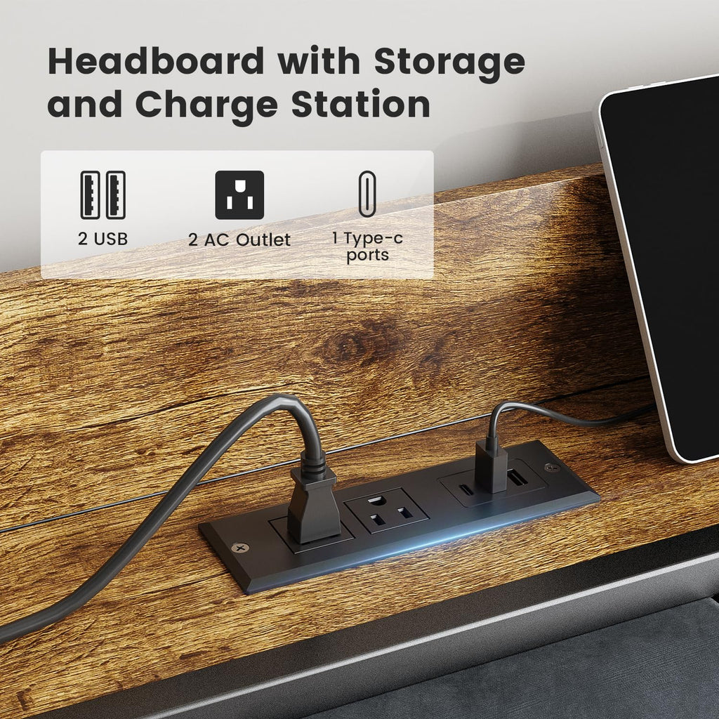 Full Size Bed Frame with LED Light and Charging Station V620