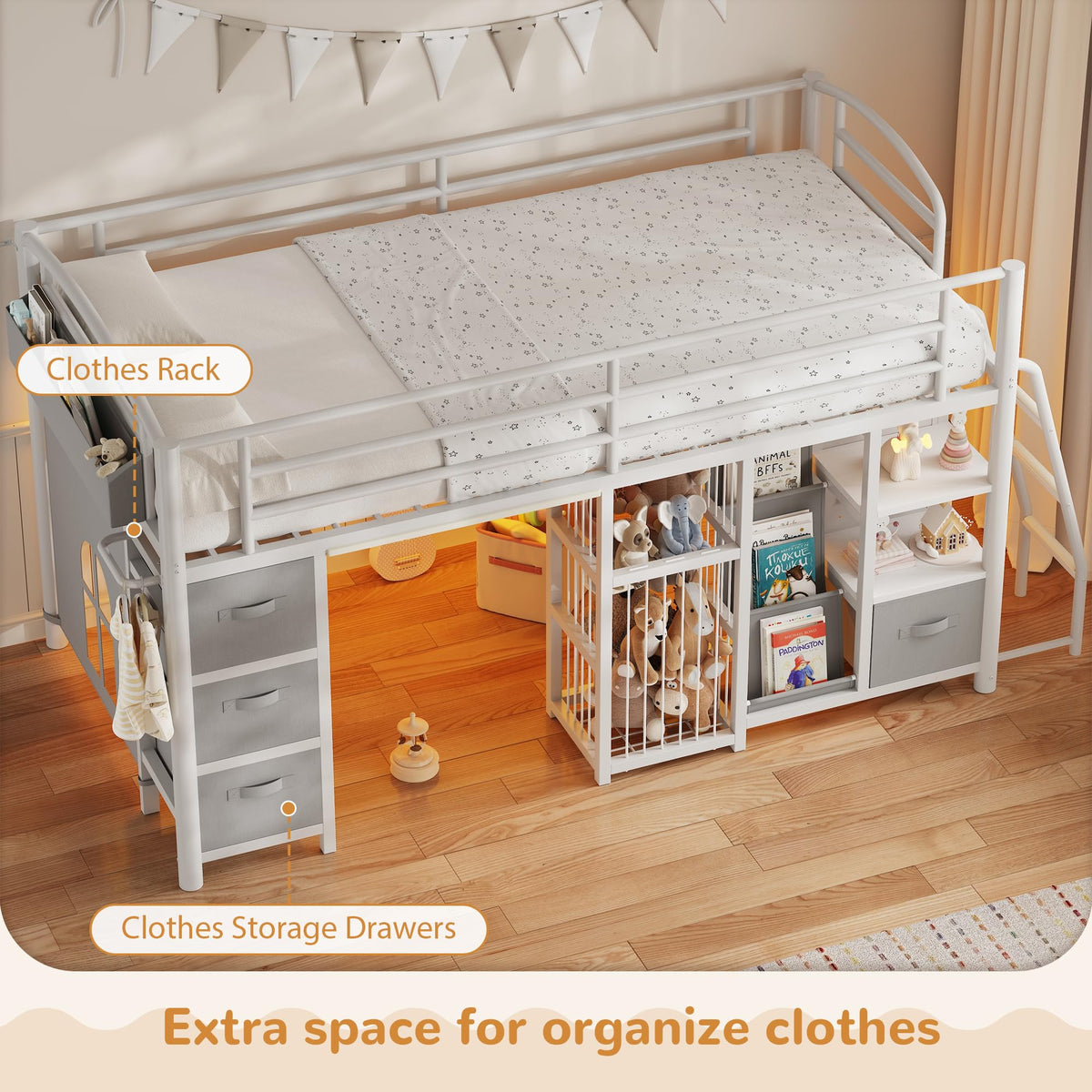Twin Low Loft Bed with Storage Drawers and LED Lights S625