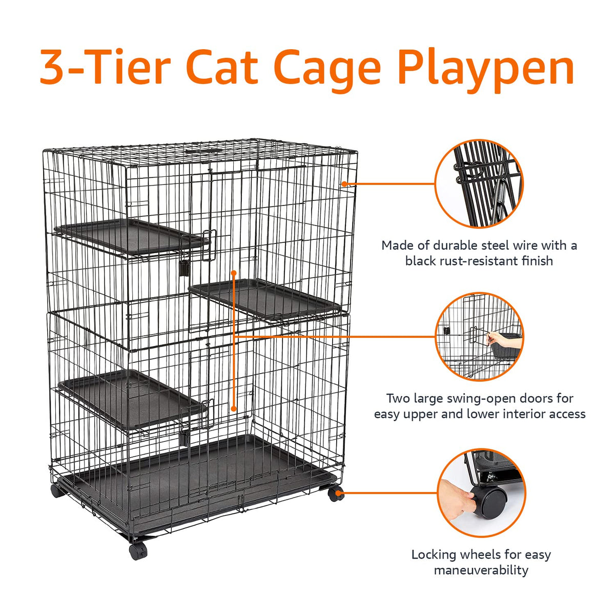 Large 3-Tier Cat Cage Playpen with Removable Tray, Black P148