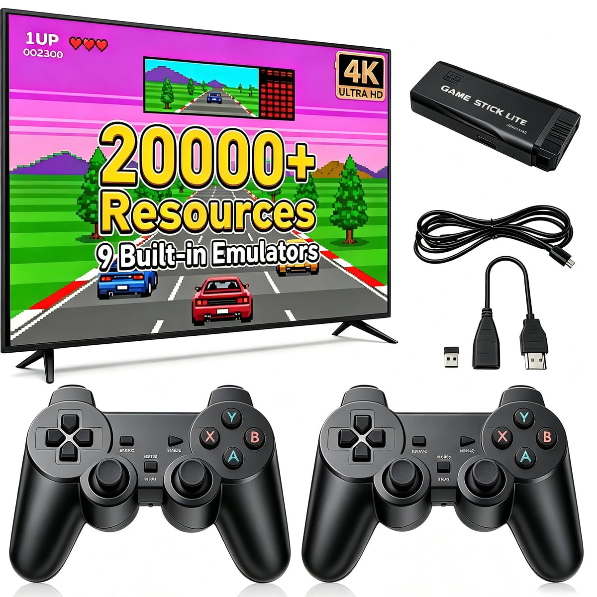 Black 4K Retro Gaming Console with 2.4G Wireless Controllers O412