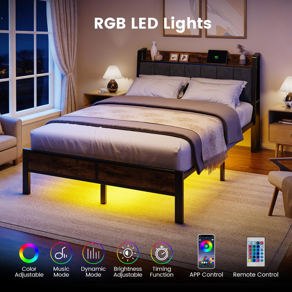 Full Size Bed Frame with LED Light and Charging Station V620
