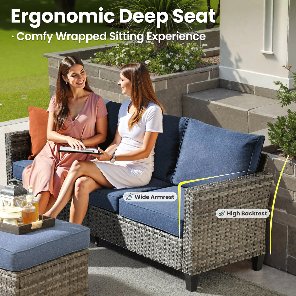 3 Pieces Wicker Rattan Patio Furniture Set with Ottomans J755