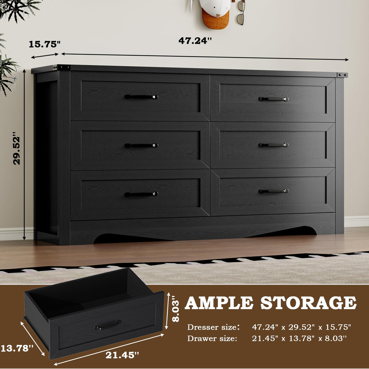 6 Drawer Wood Dresser with Metal Handles V6522