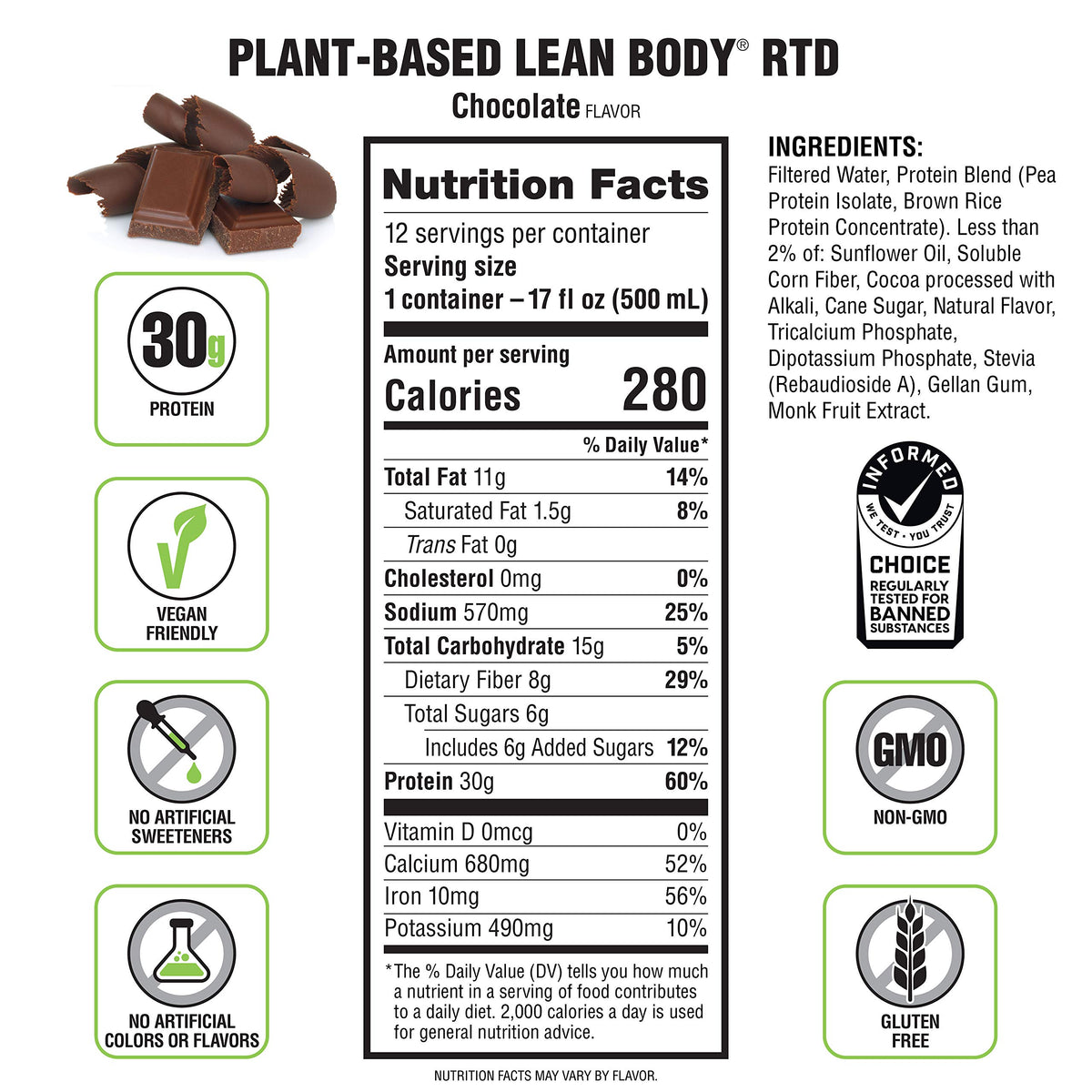 Plant-Based Vegan Chocolate Protein Shake, 30g Protein, Pack of 12 F303