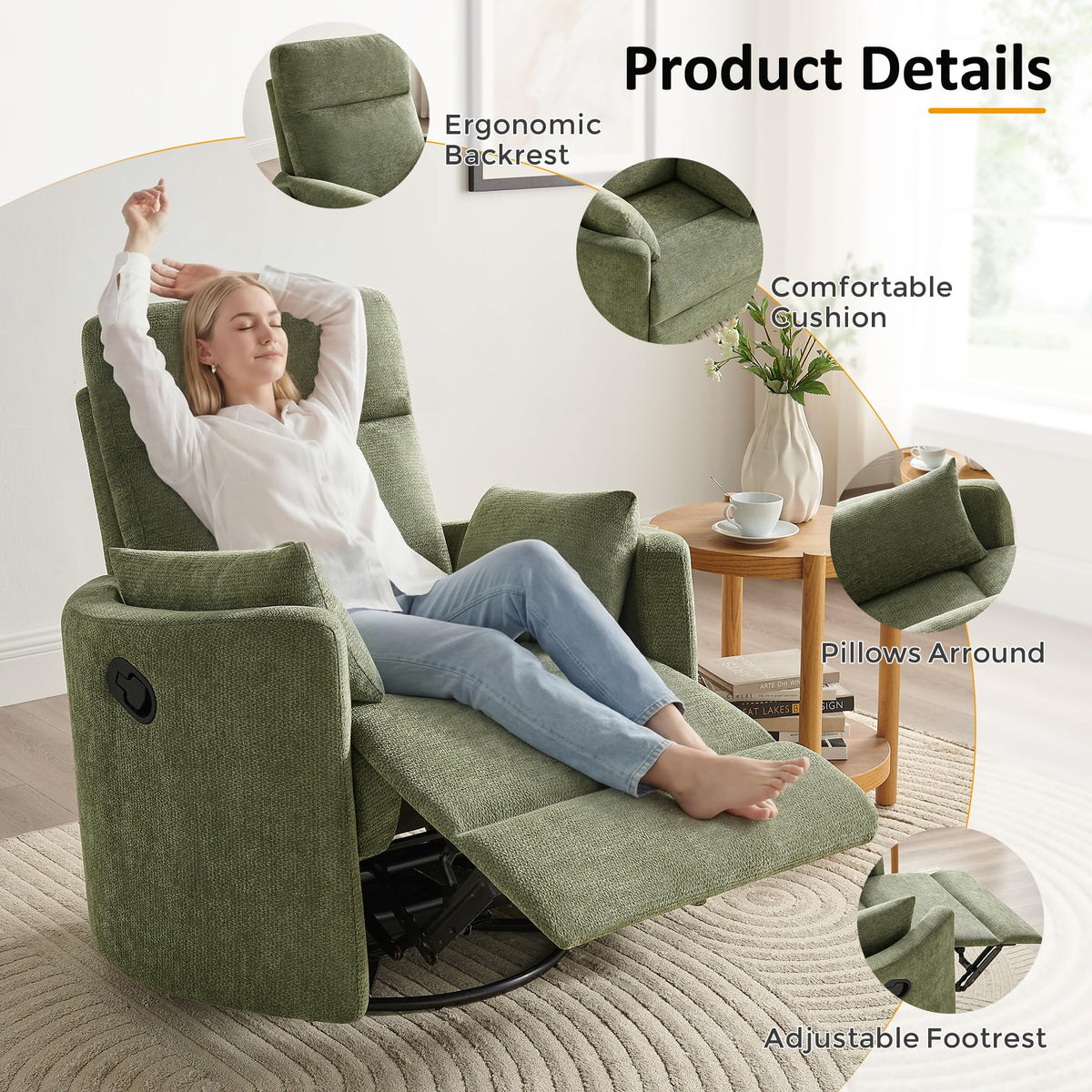 Oversized 360° Swivel Glider Recliner Chair with 2 Pillows and Footrest L32995