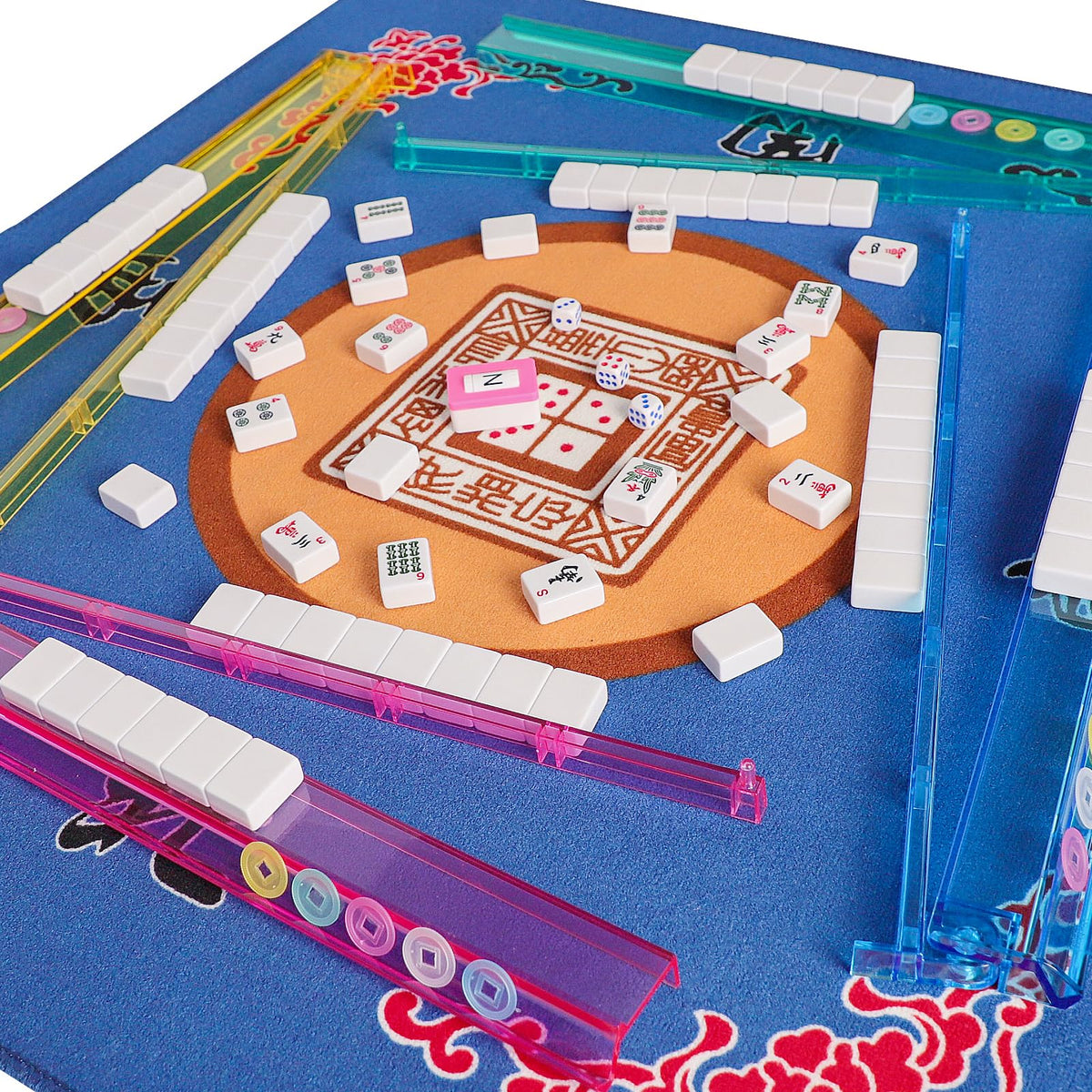 American Mahjong Game Set, 166 White Tiles, 4 Color Rack/Pushers, Blue Carrying Bag I628996