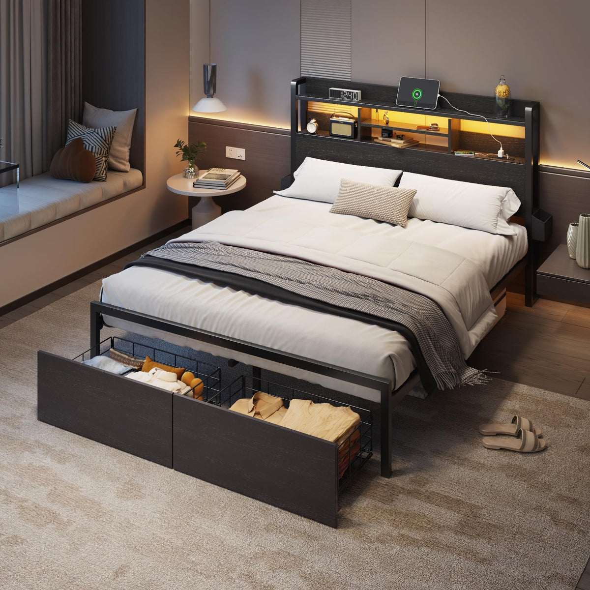 Full Size Bed Frame with Headboard and Charging Station C572726