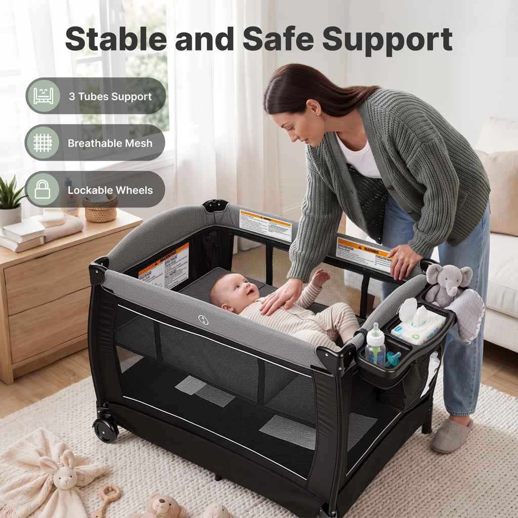 4-in-1 Pack and Play with Bassinet, Playpen, Diaper Changer, Black W8286