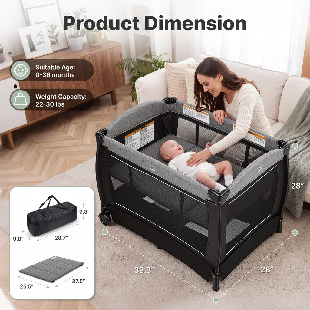 4-in-1 Pack and Play with Bassinet, Playpen, Diaper Changer, Black W8286