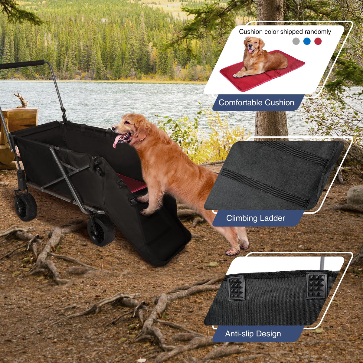 Folding Dog Wagon Cart with Extendable Rear End, 220L Collapsible Utility Cart, Black H1240